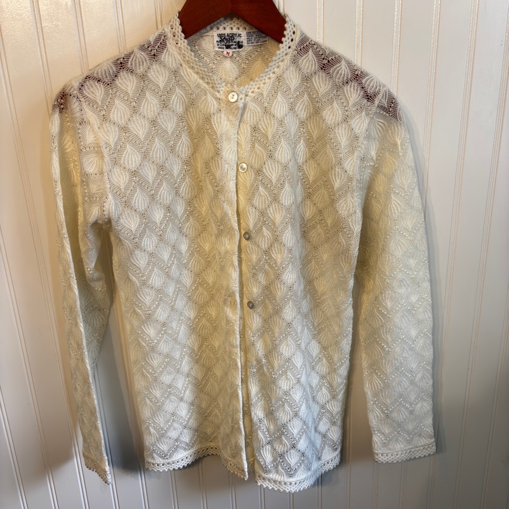 Elegant Vintage Cream Pointelle Button-Up Sweater